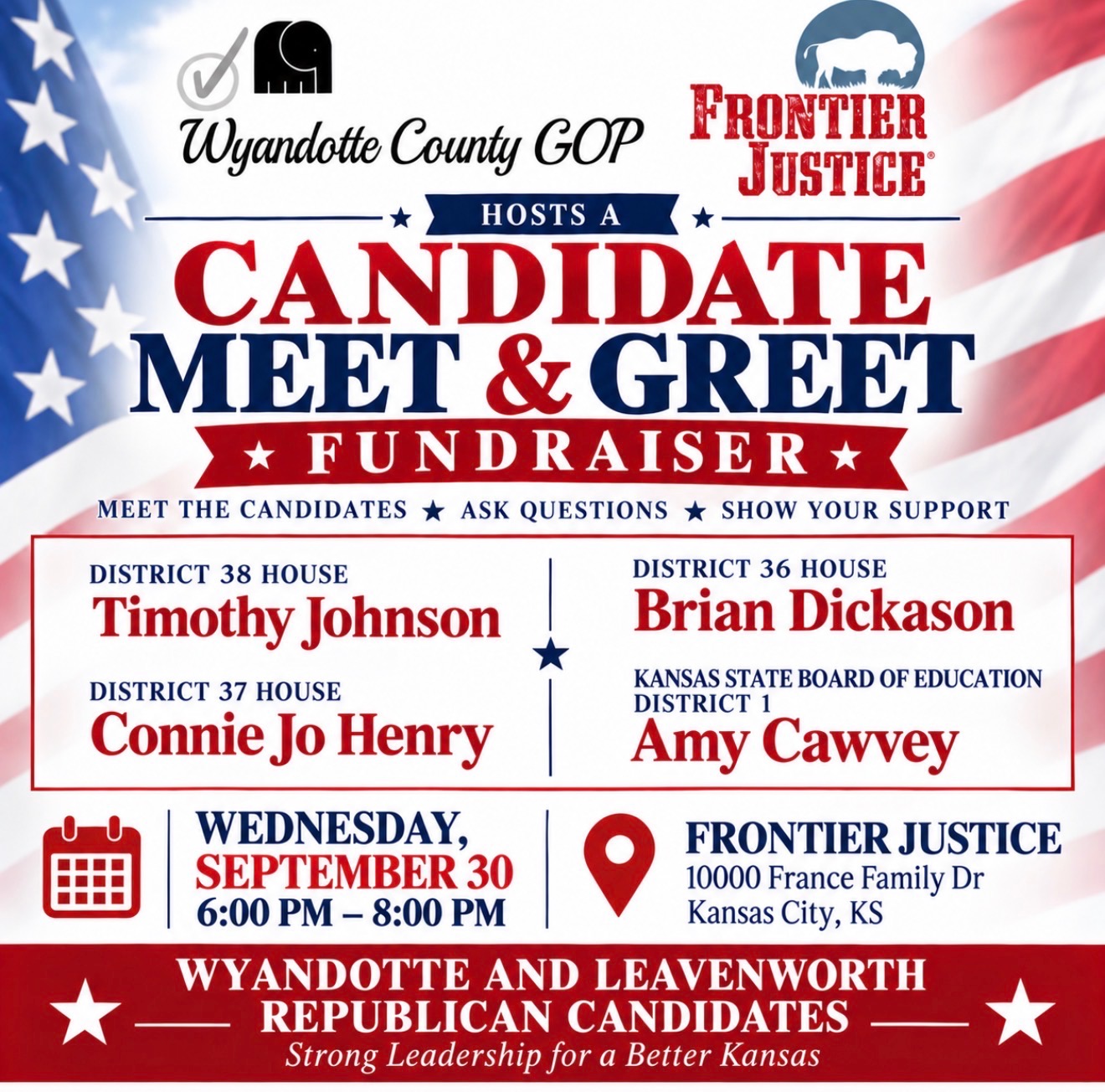 Wyanotte and Leavenworth Republican Candidates Meet & Greet, Wednesday, September 30 from 6:00pm to 8:00pm